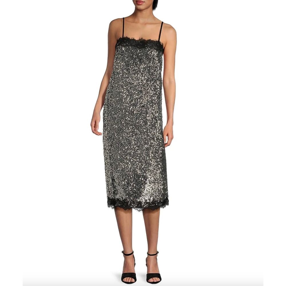 Gianni Bini Lilly Sisto Allegra Sequin Slip Midi Dress Silver Lace Trim US 2 NWT